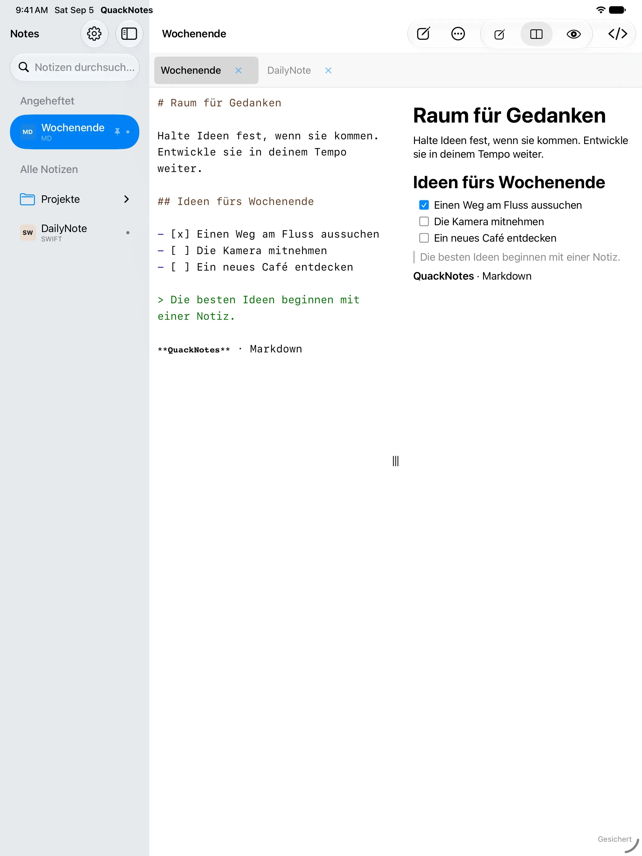 QuackNotes auf dem iPad mit dem Markdown-Editor und der gerenderten Vorschau nebeneinander