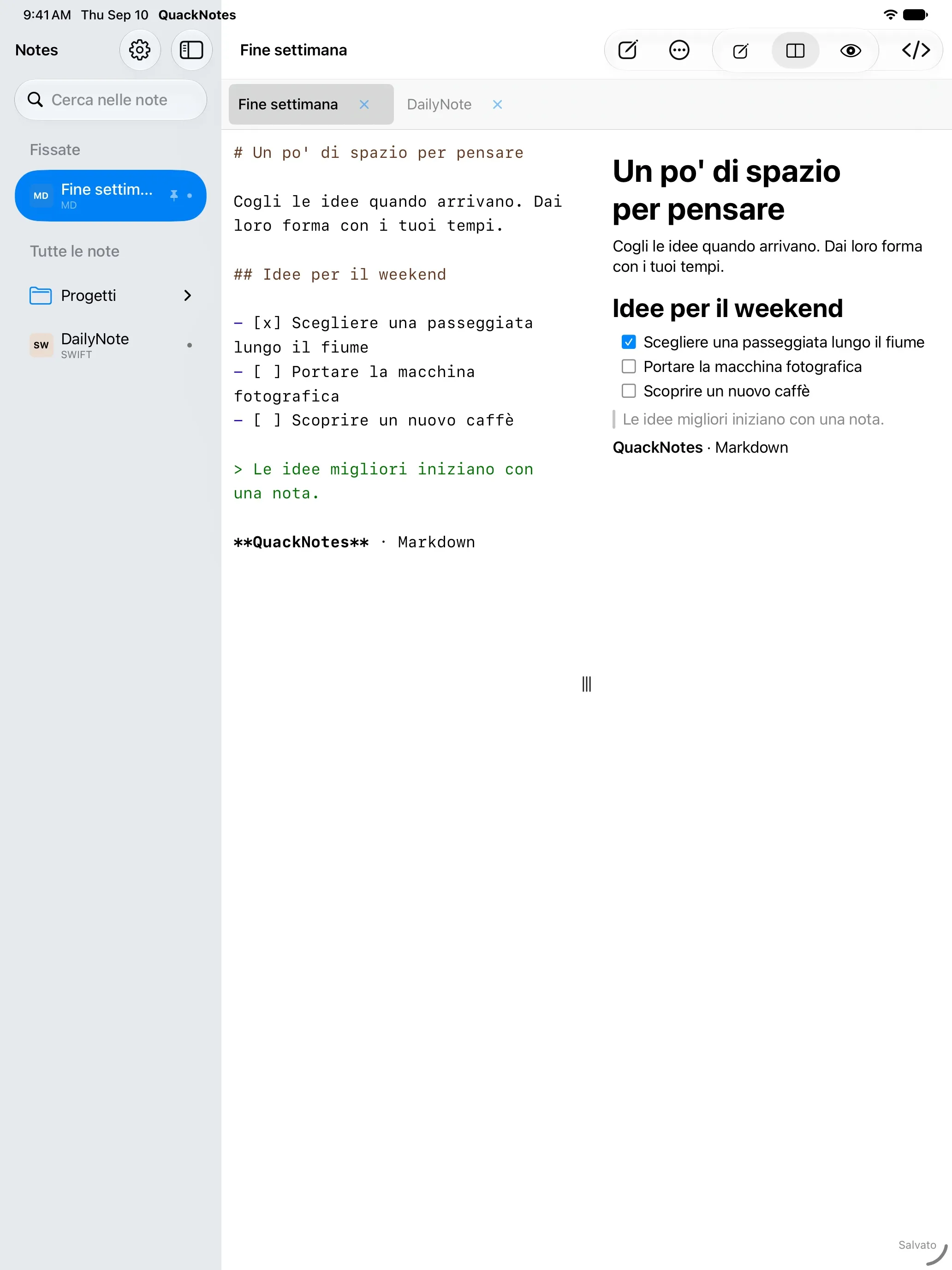 QuackNotes su iPad con l'editor Markdown e l'anteprima renderizzata affiancati