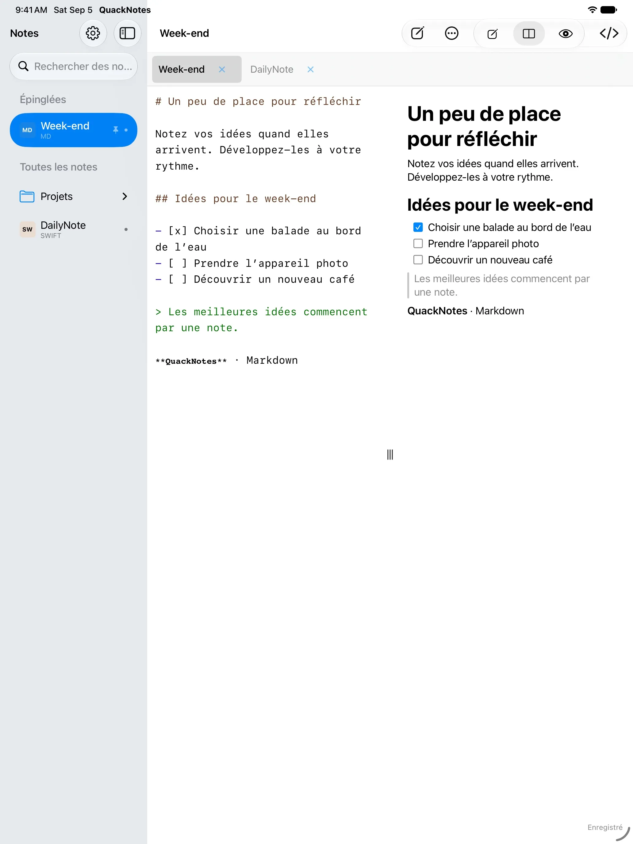 QuackNotes sur iPad avec l'éditeur Markdown et l'aperçu rendu côte à côte