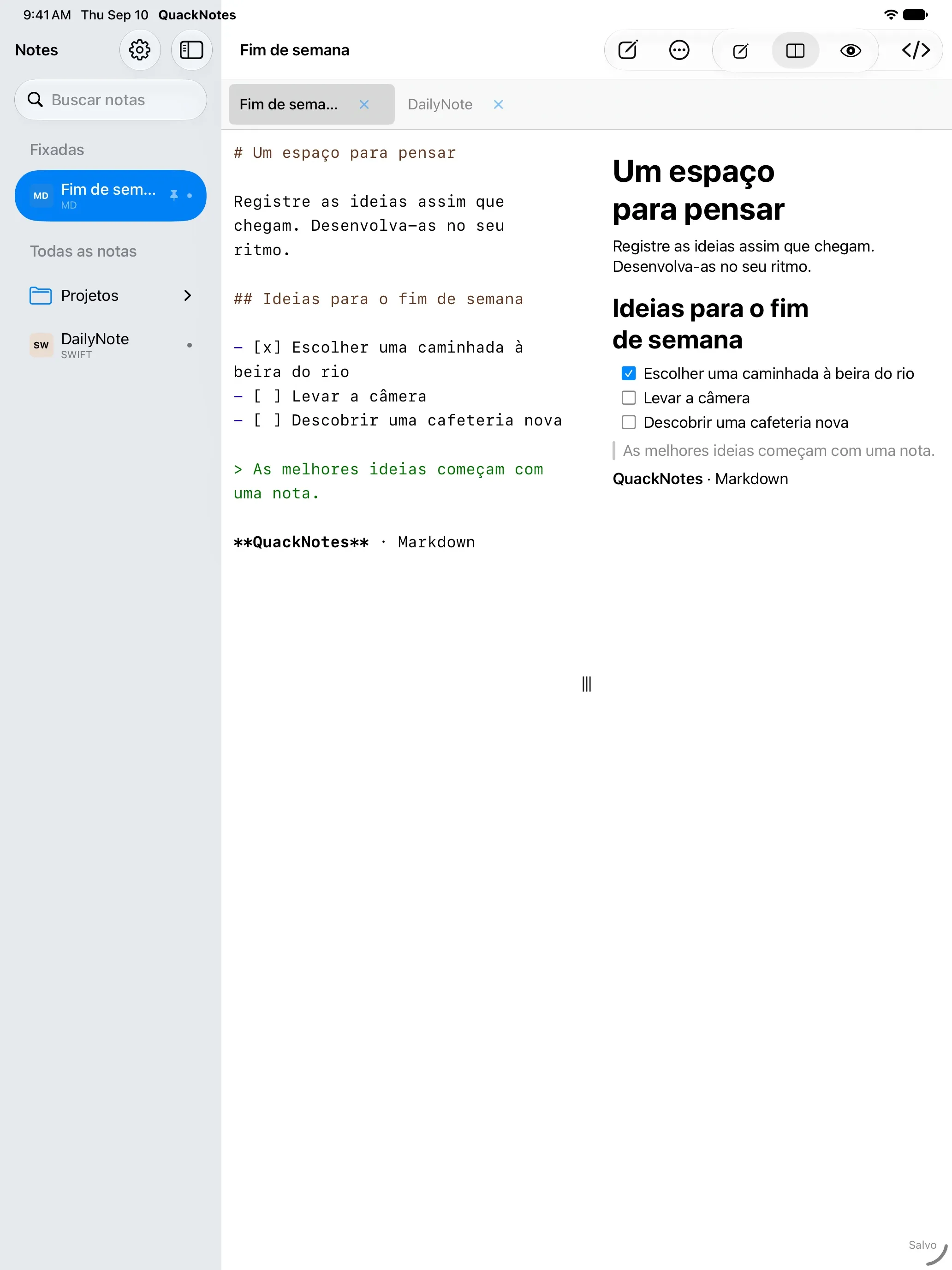 QuackNotes no iPad com o editor Markdown e a pré-visualização renderizada lado a lado