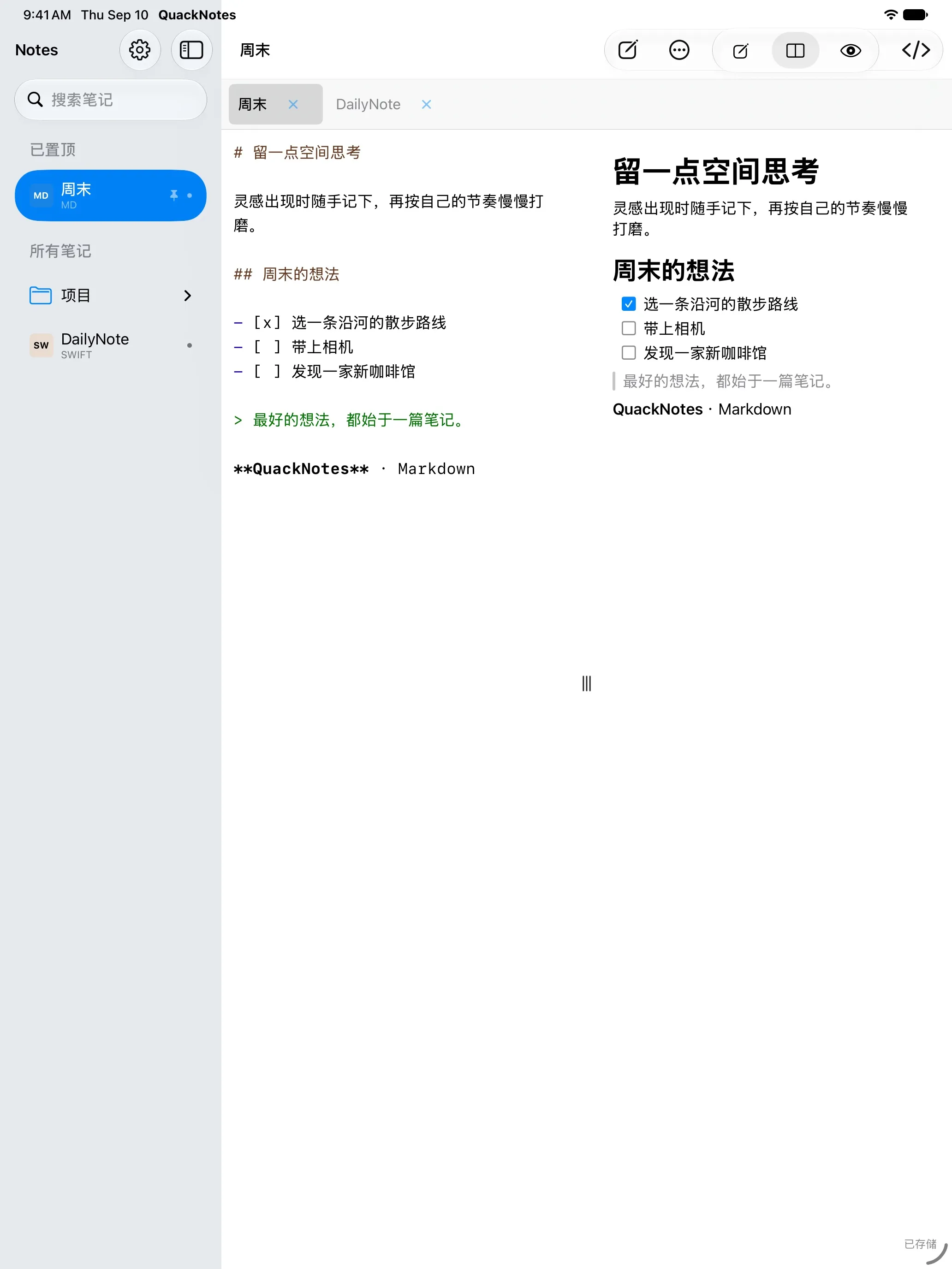 iPad 版 QuackNotes 并排显示 Markdown 编辑器和渲染后的预览
