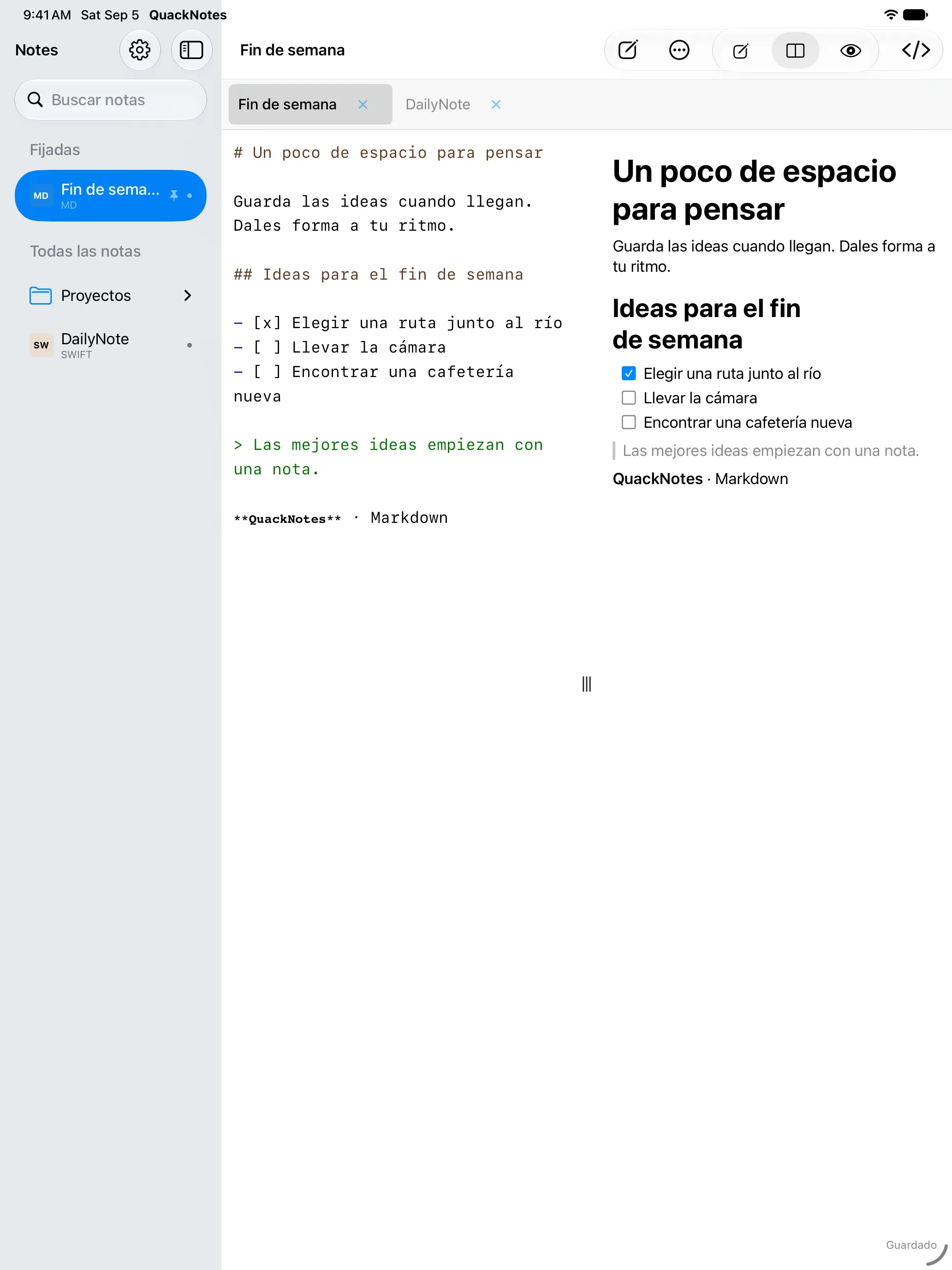 QuackNotes en iPad con el editor de Markdown y la vista previa renderizada en paralelo