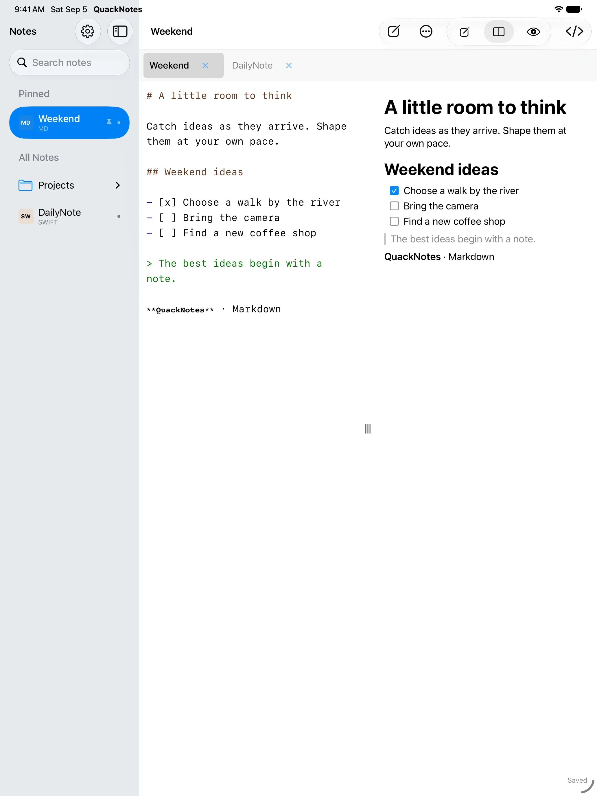 QuackNotes on iPad with the Markdown editor and rendered preview side by side