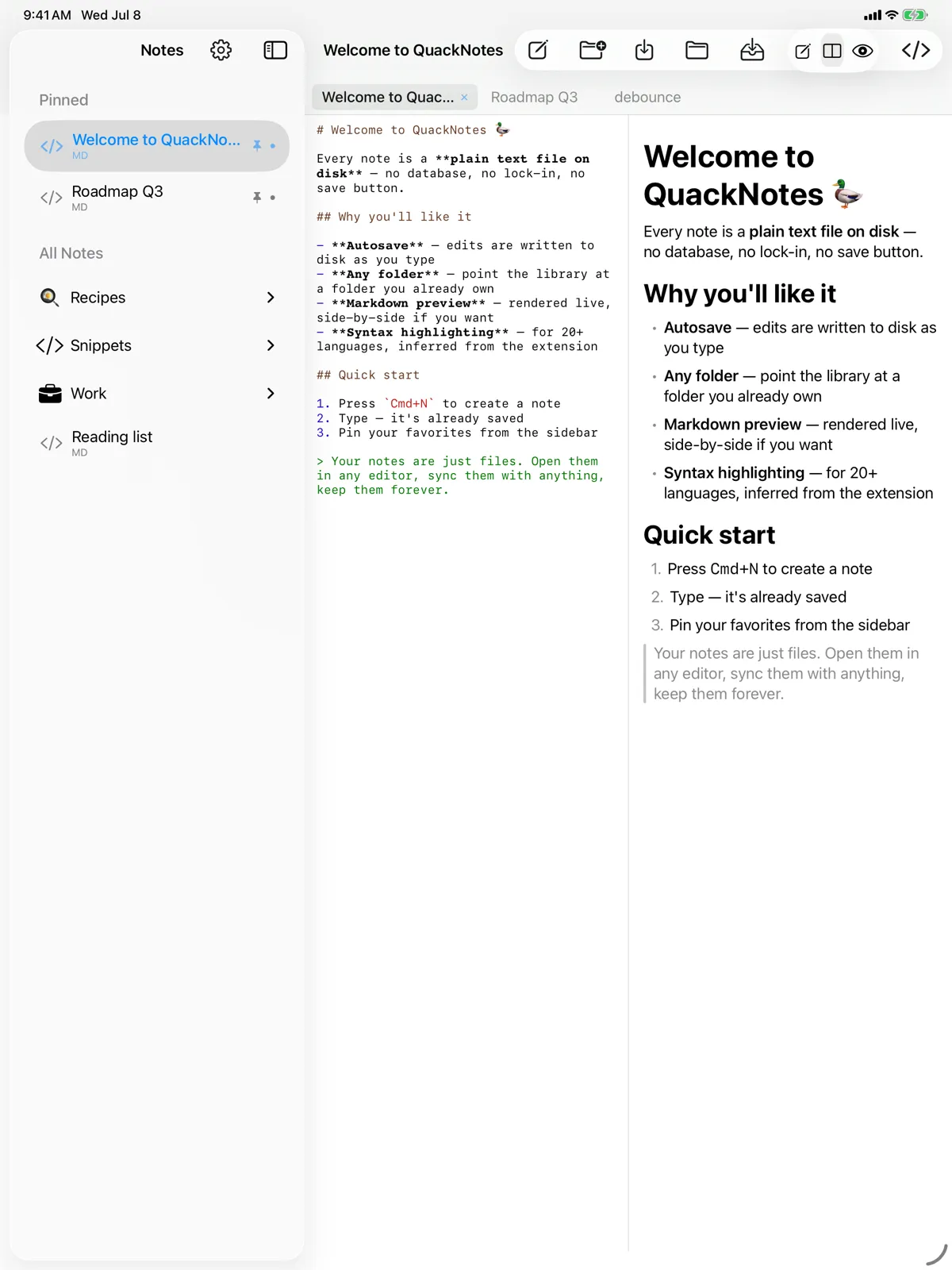 QuackNotes on iPad with the Markdown editor and rendered preview side by side