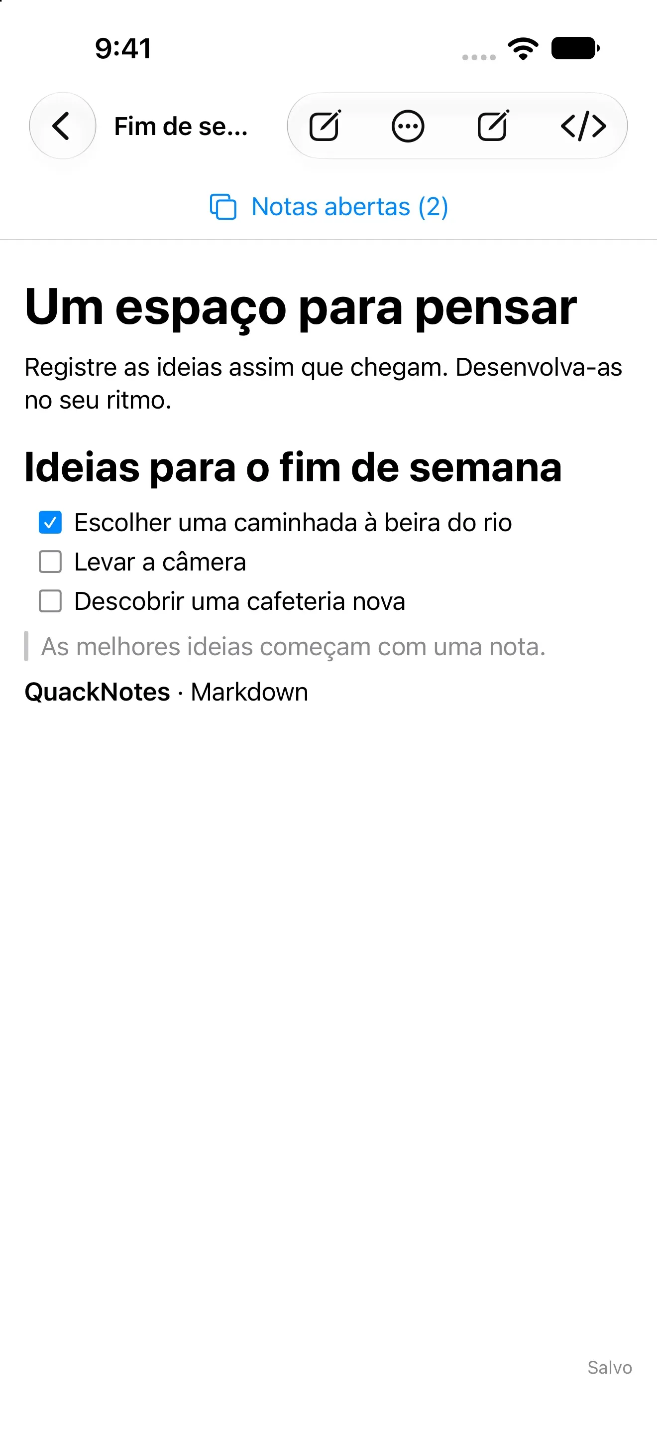 QuackNotes no iPhone com a visualização de leitura do Markdown renderizado