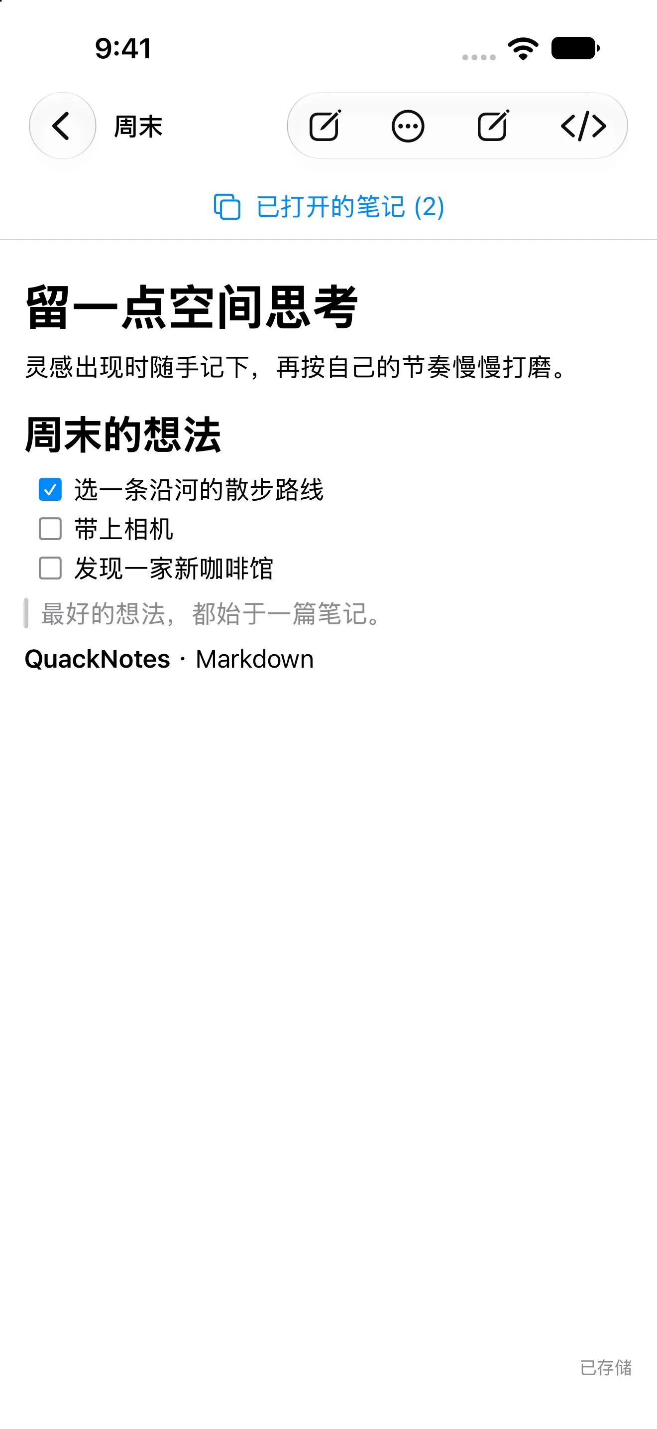 iPhone 版 QuackNotes 显示渲染后的 Markdown 阅读视图