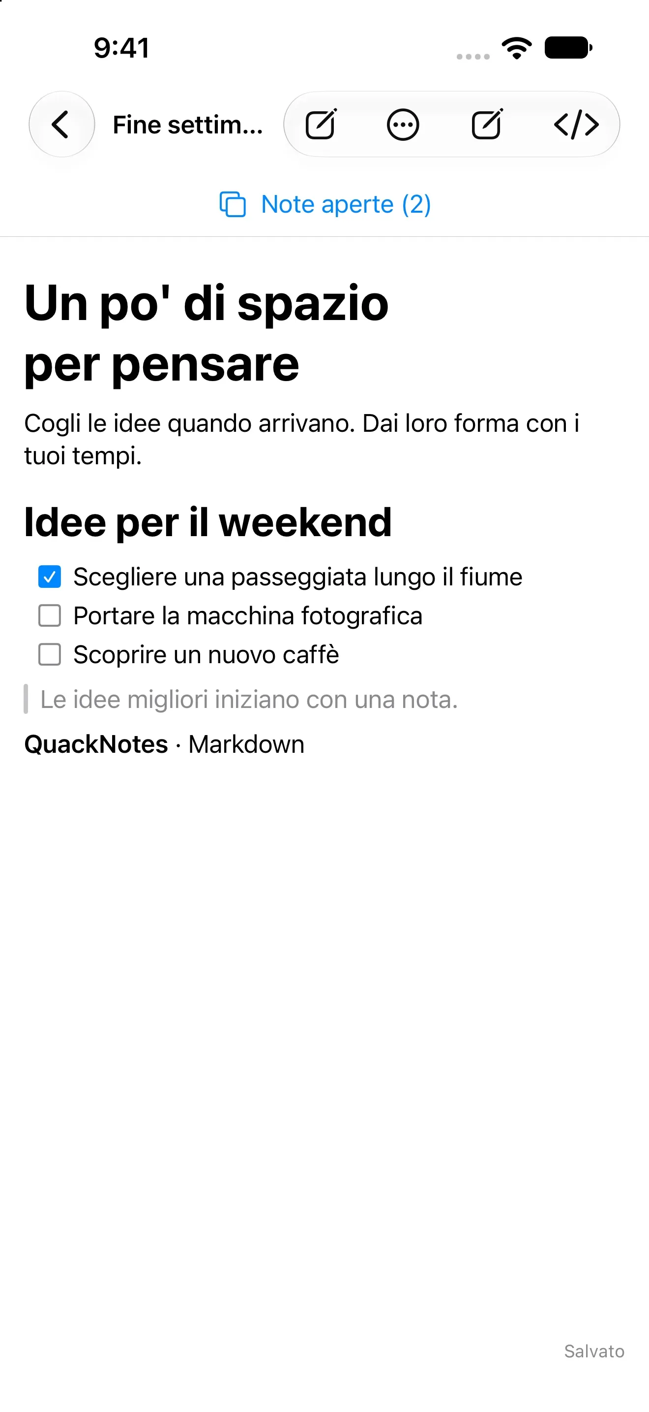 QuackNotes su iPhone con la vista di lettura Markdown renderizzata