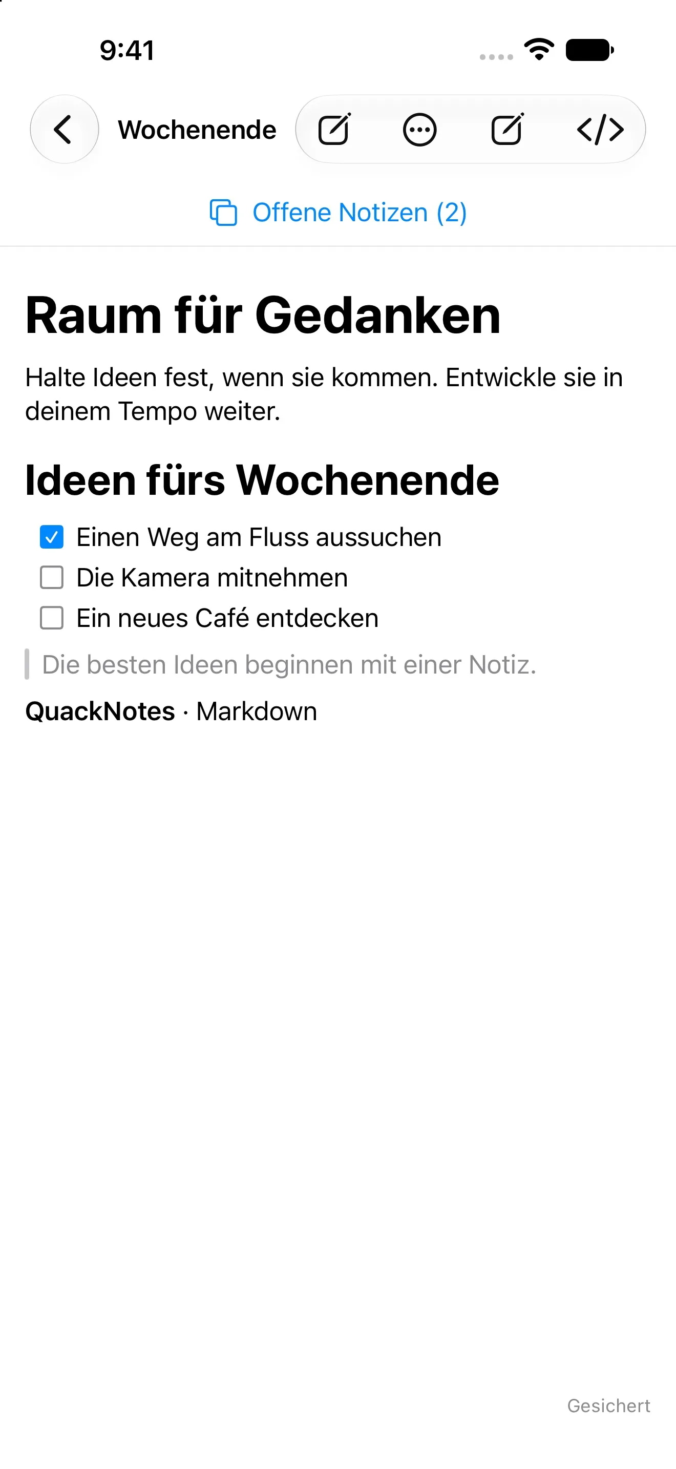 QuackNotes auf dem iPhone mit der gerenderten Markdown-Leseansicht