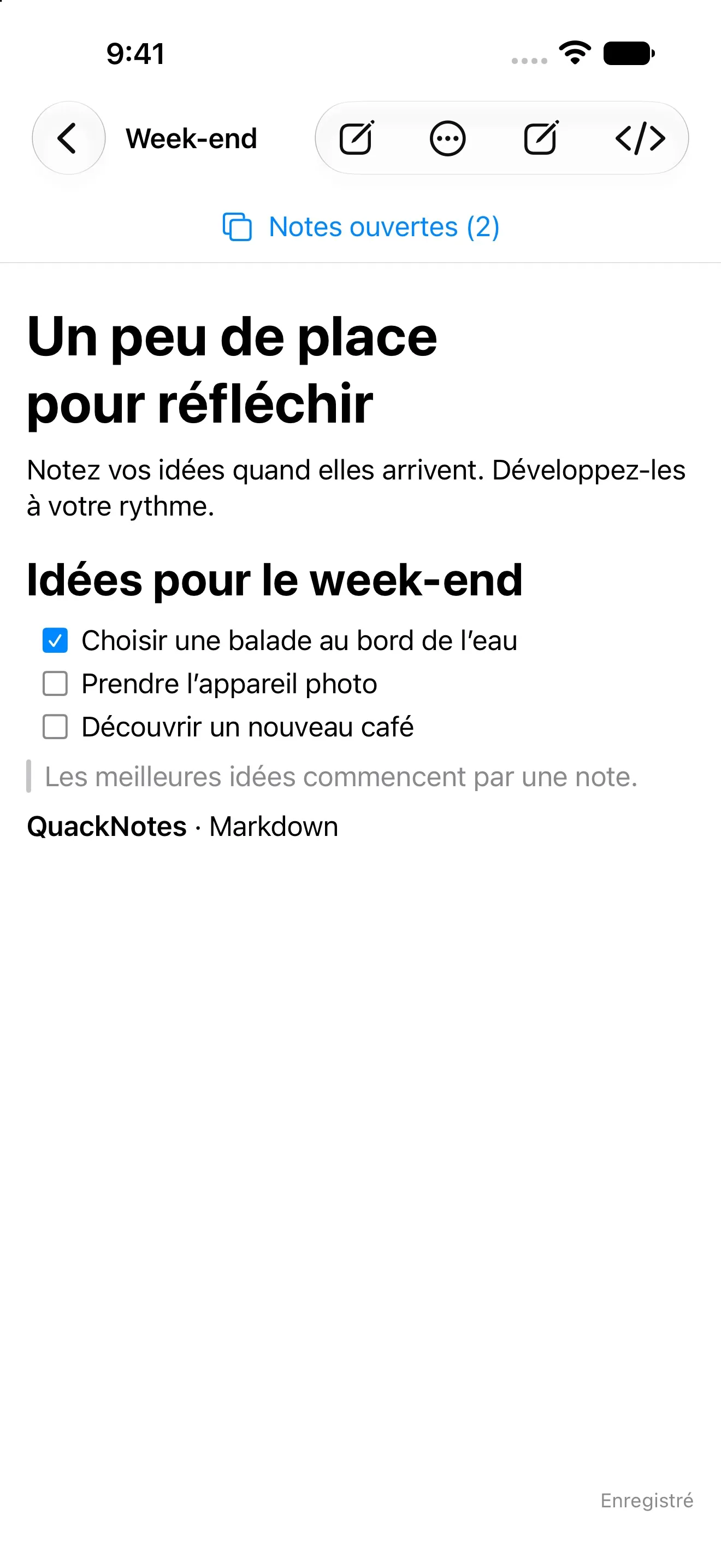 QuackNotes sur iPhone affichant la vue de lecture Markdown rendue