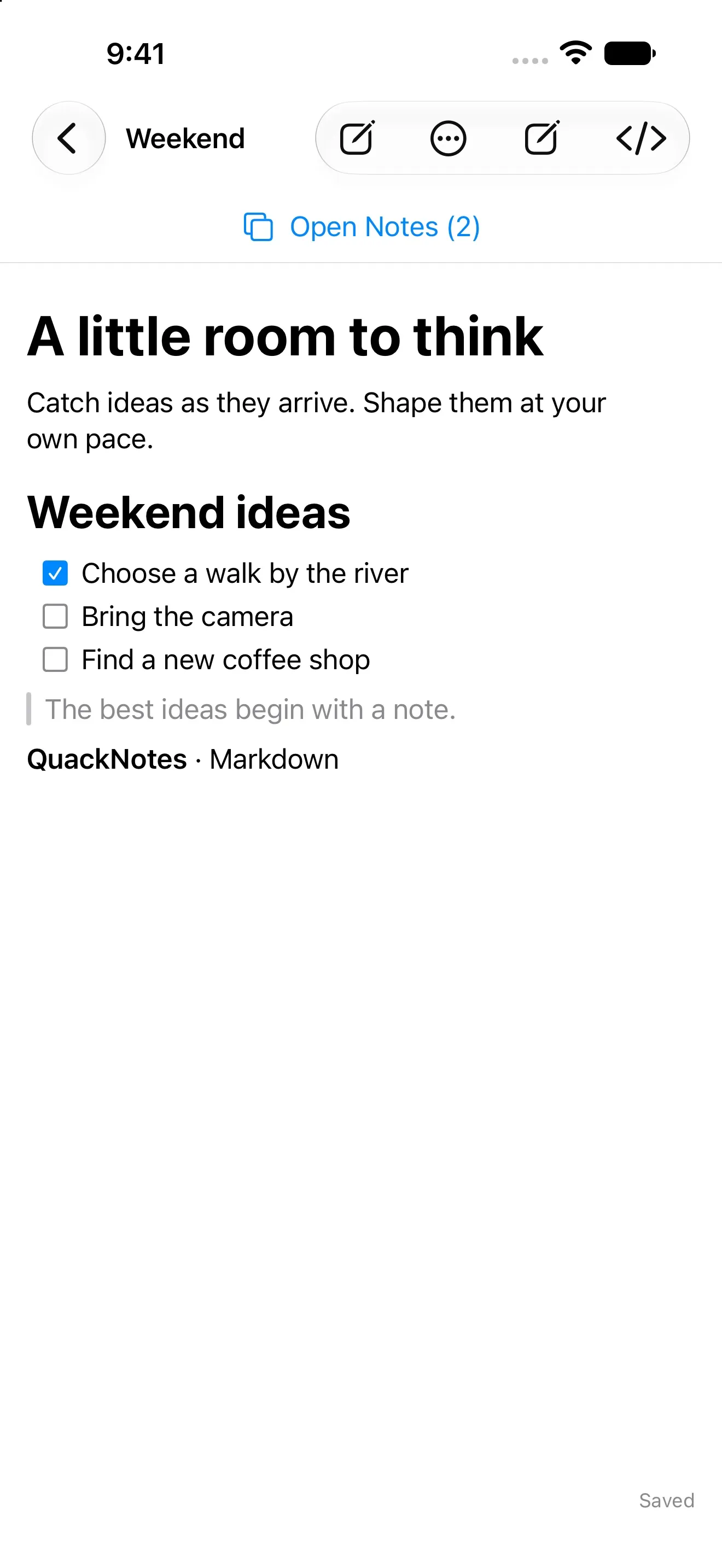 QuackNotes on iPhone showing the rendered Markdown reading view