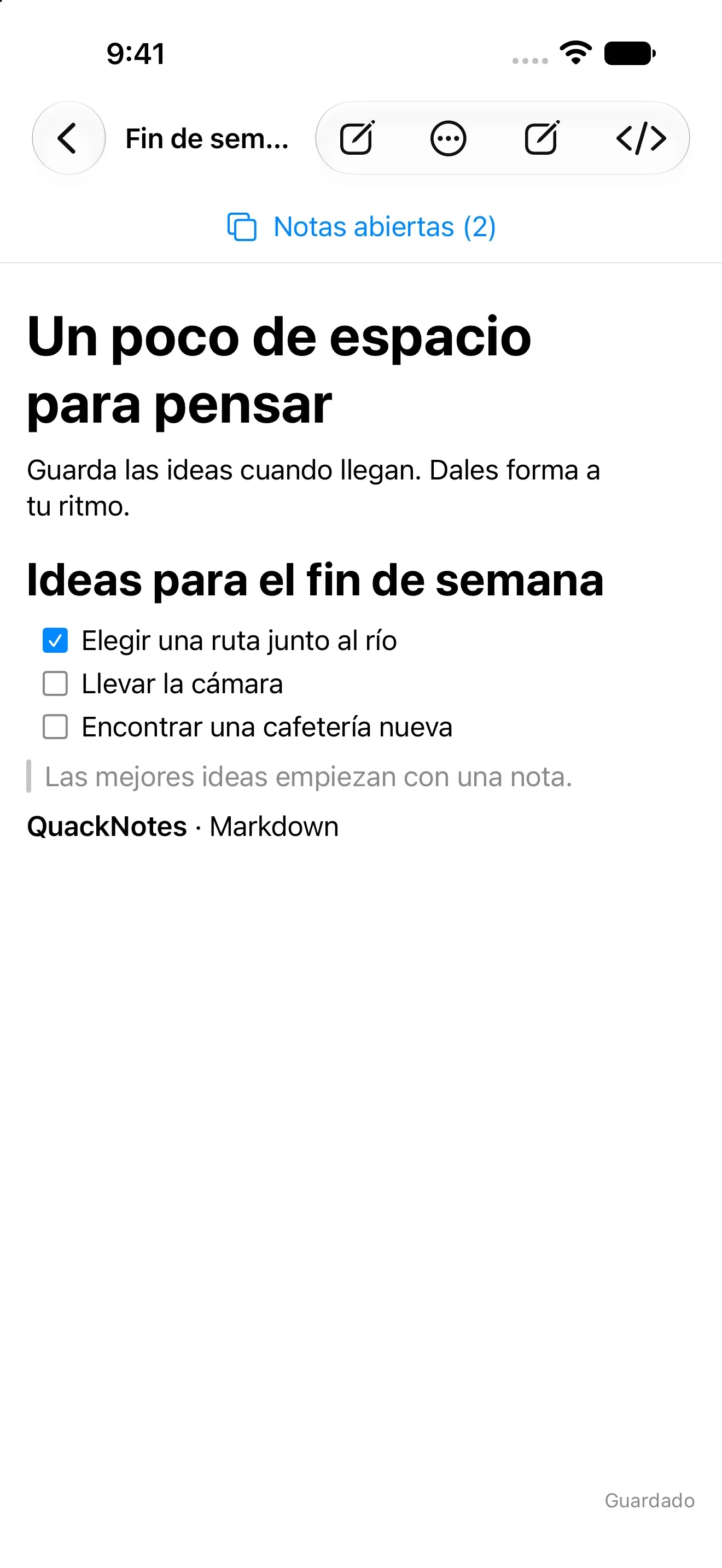 QuackNotes en iPhone mostrando la vista de lectura de Markdown renderizada
