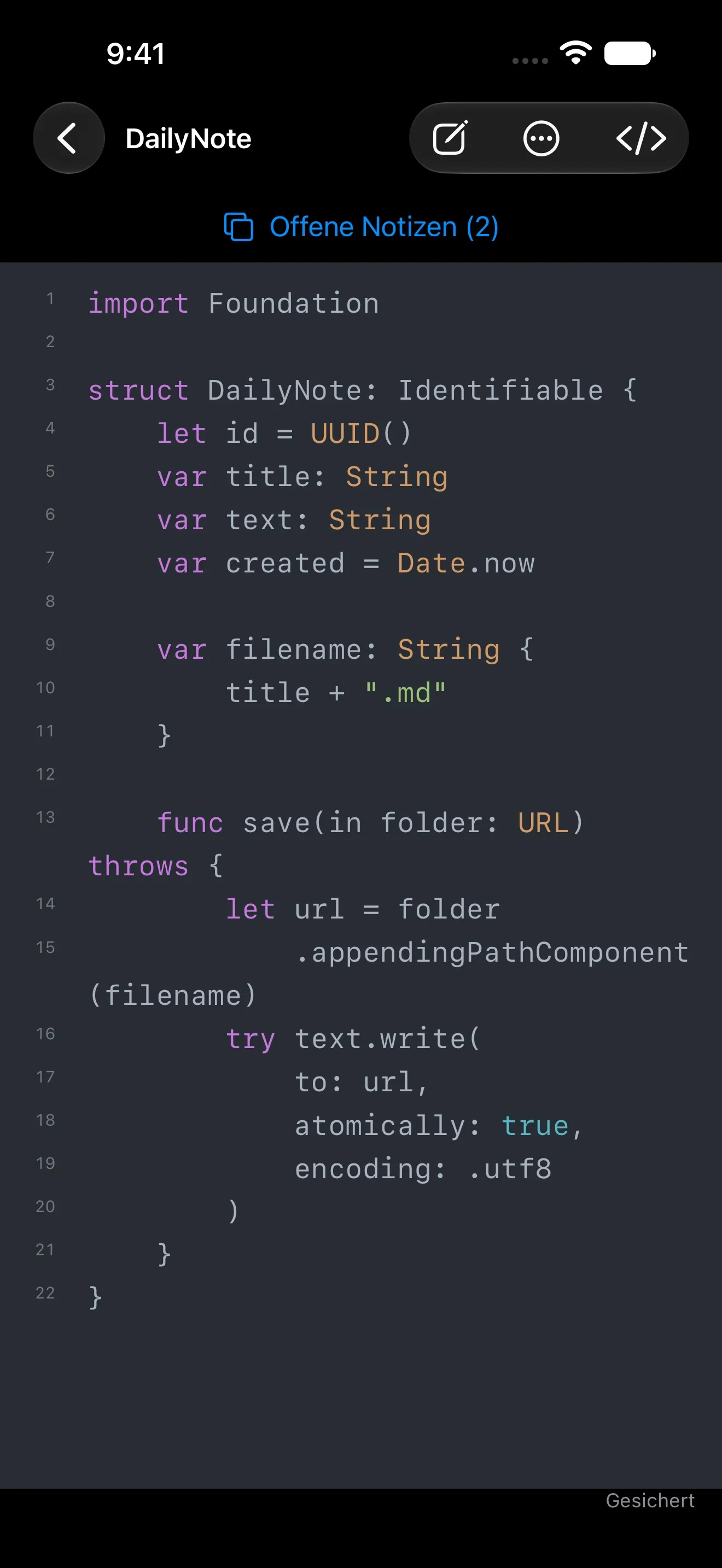 QuackNotes auf dem iPhone mit farbigem Swift-Code und Zeilennummern