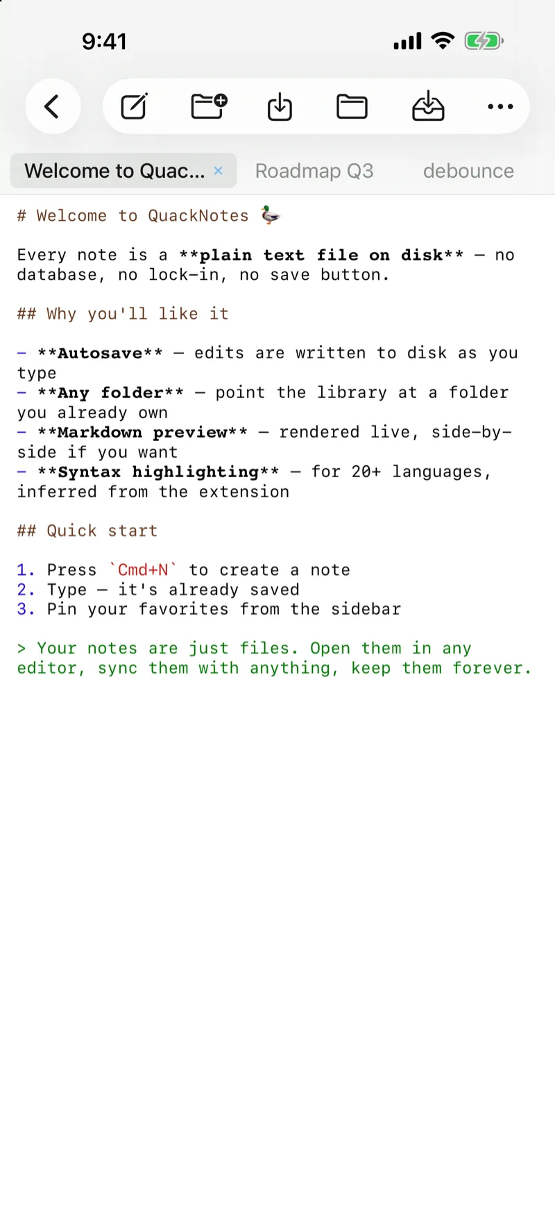 QuackNotes on iPhone showing Markdown source with syntax coloring