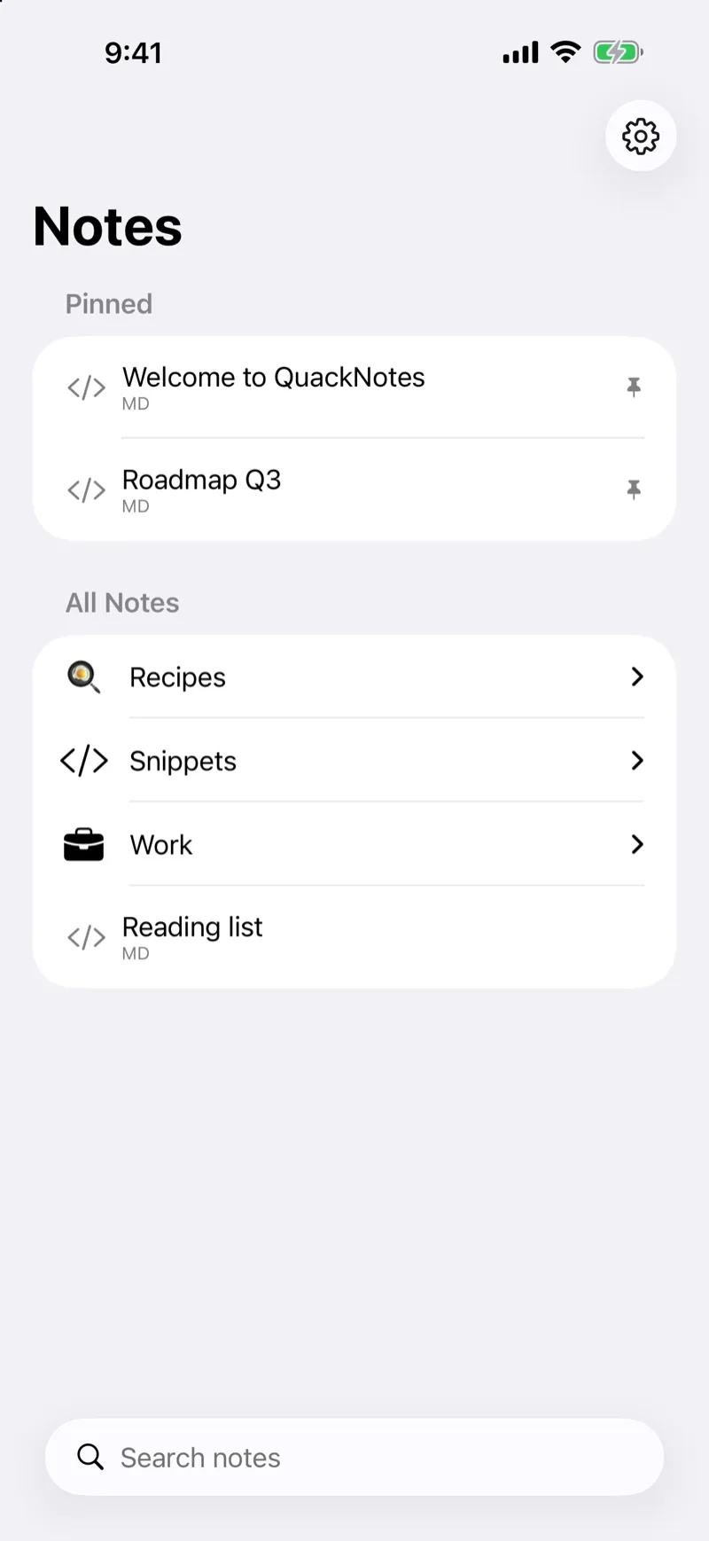 QuackNotes on iPhone showing the notes library with pinned notes and folders