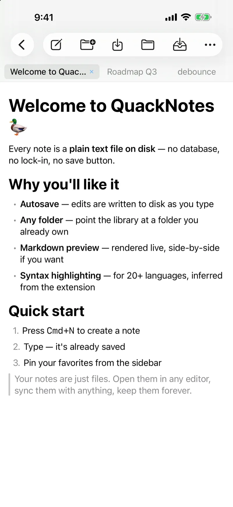 QuackNotes on iPhone showing the rendered Markdown reading view