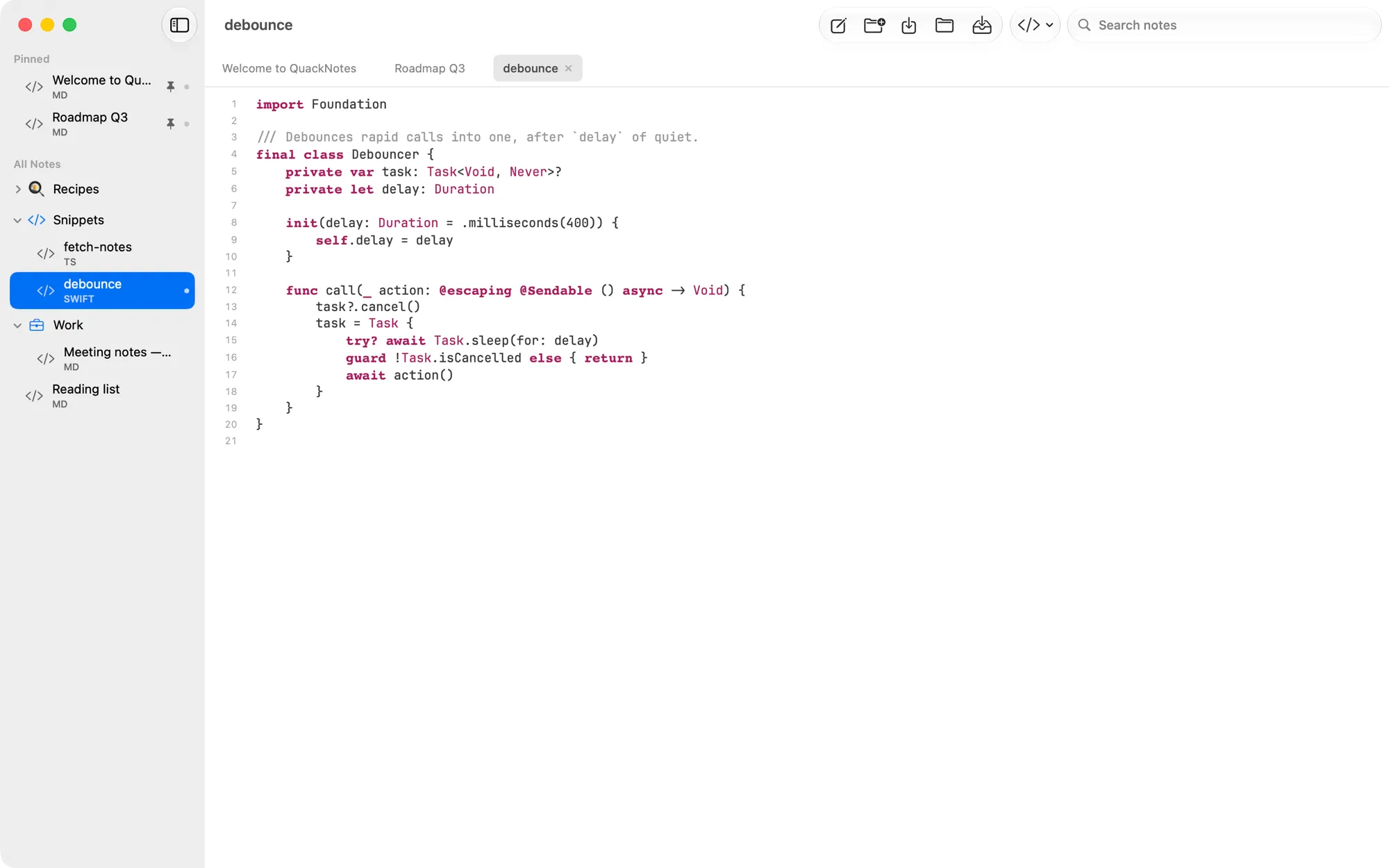 QuackNotes on Mac showing a Swift snippet with syntax highlighting, line numbers, browser-style tabs, and the folder sidebar