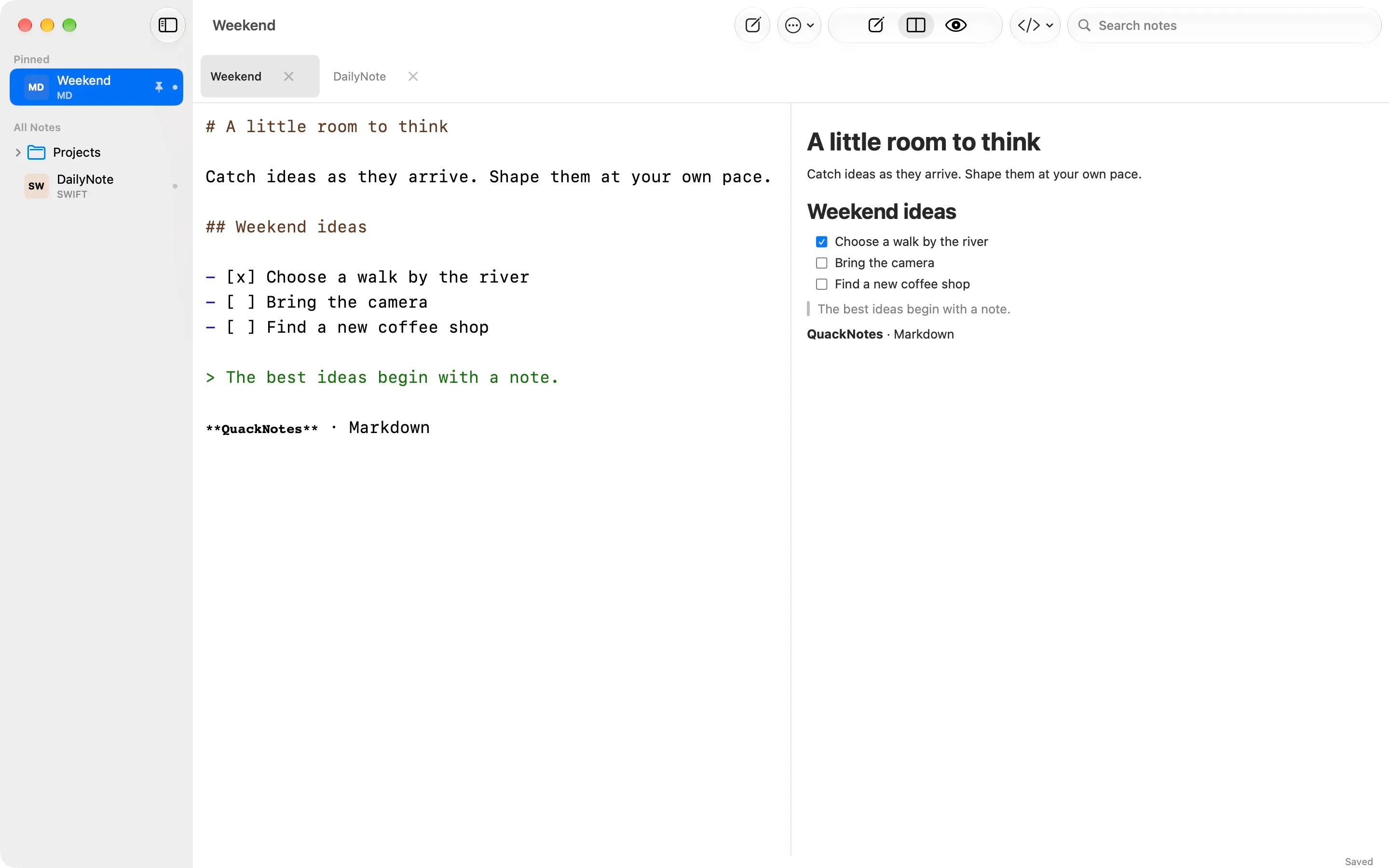 QuackNotes on Mac with the Markdown editor and rendered preview side by side