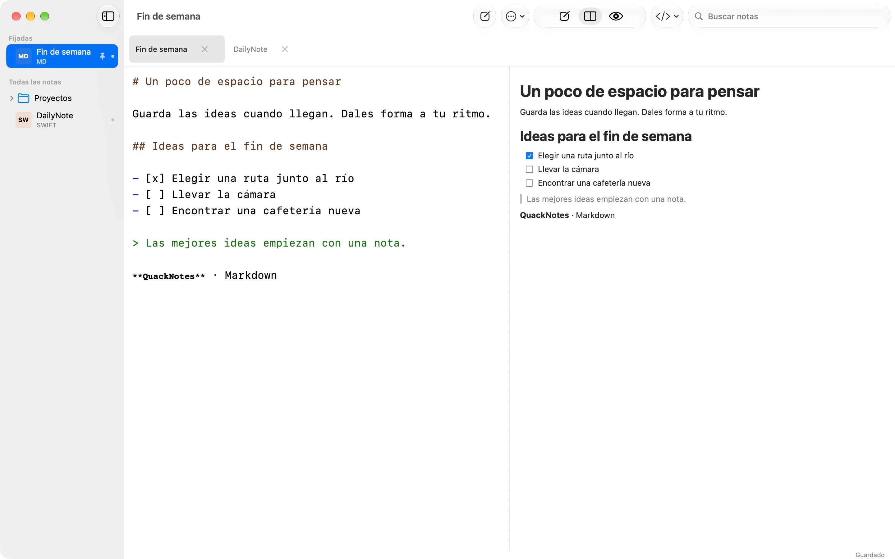 QuackNotes en Mac con el editor de Markdown y la vista previa renderizada en paralelo