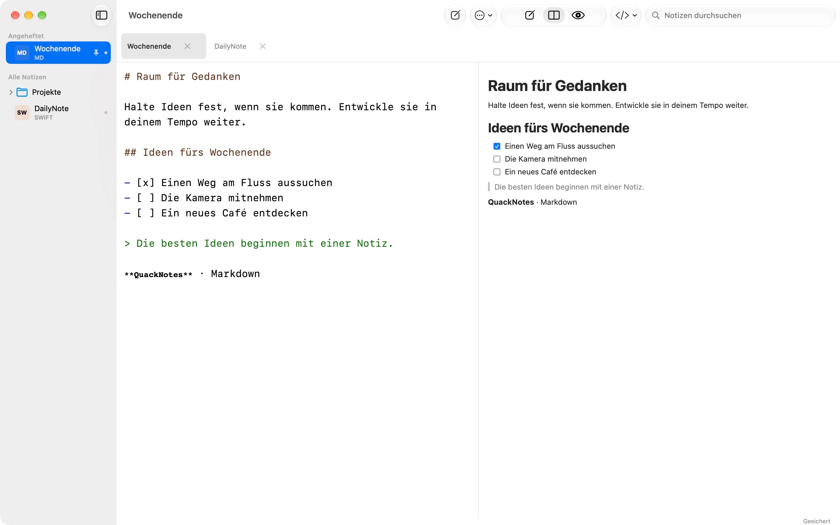 QuackNotes auf dem Mac mit dem Markdown-Editor und der gerenderten Vorschau nebeneinander