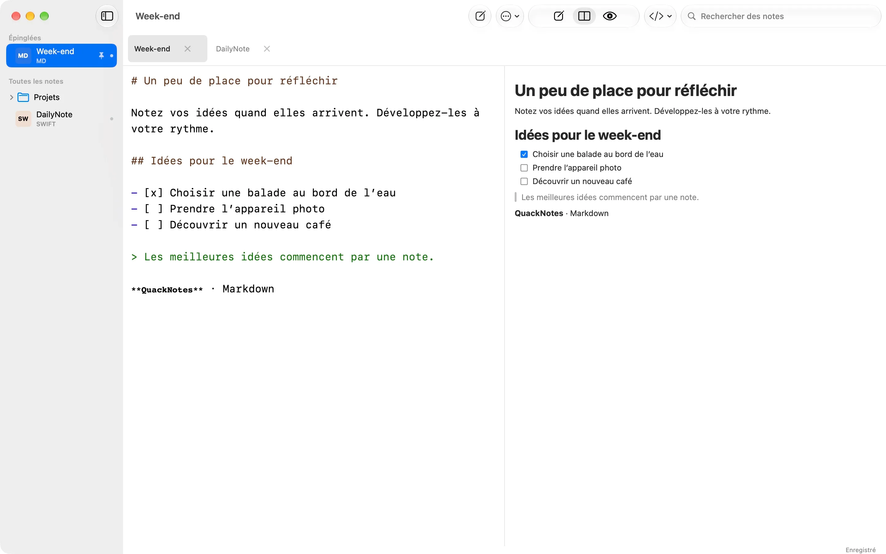QuackNotes sur Mac avec l'éditeur Markdown et l'aperçu rendu côte à côte