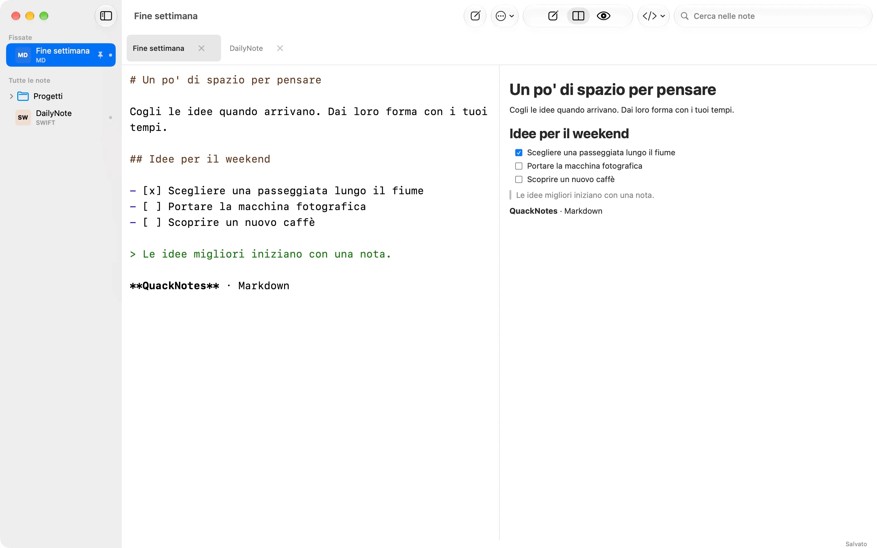 QuackNotes su Mac con l'editor Markdown e l'anteprima renderizzata affiancati