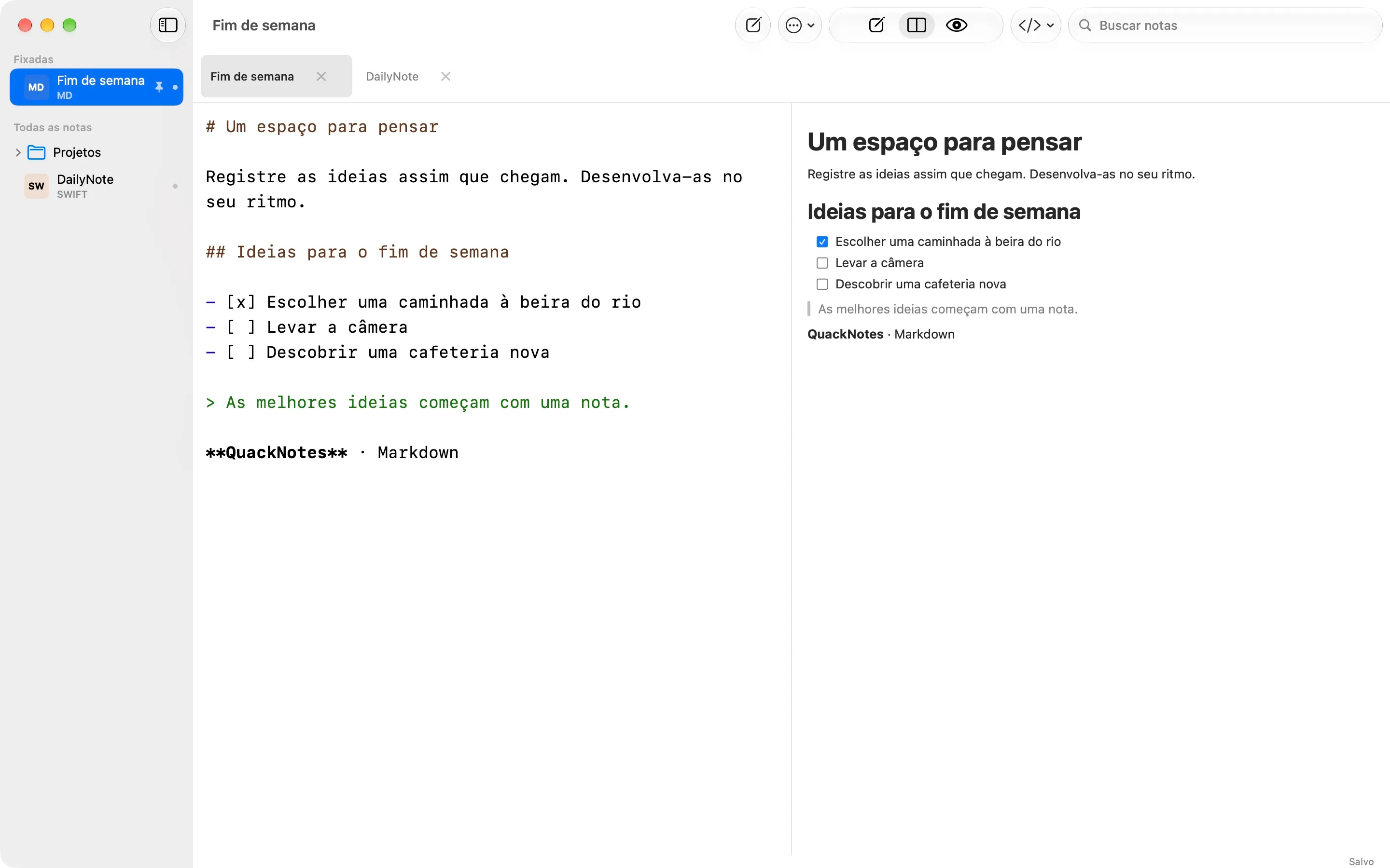 QuackNotes no Mac com o editor Markdown e a pré-visualização renderizada lado a lado