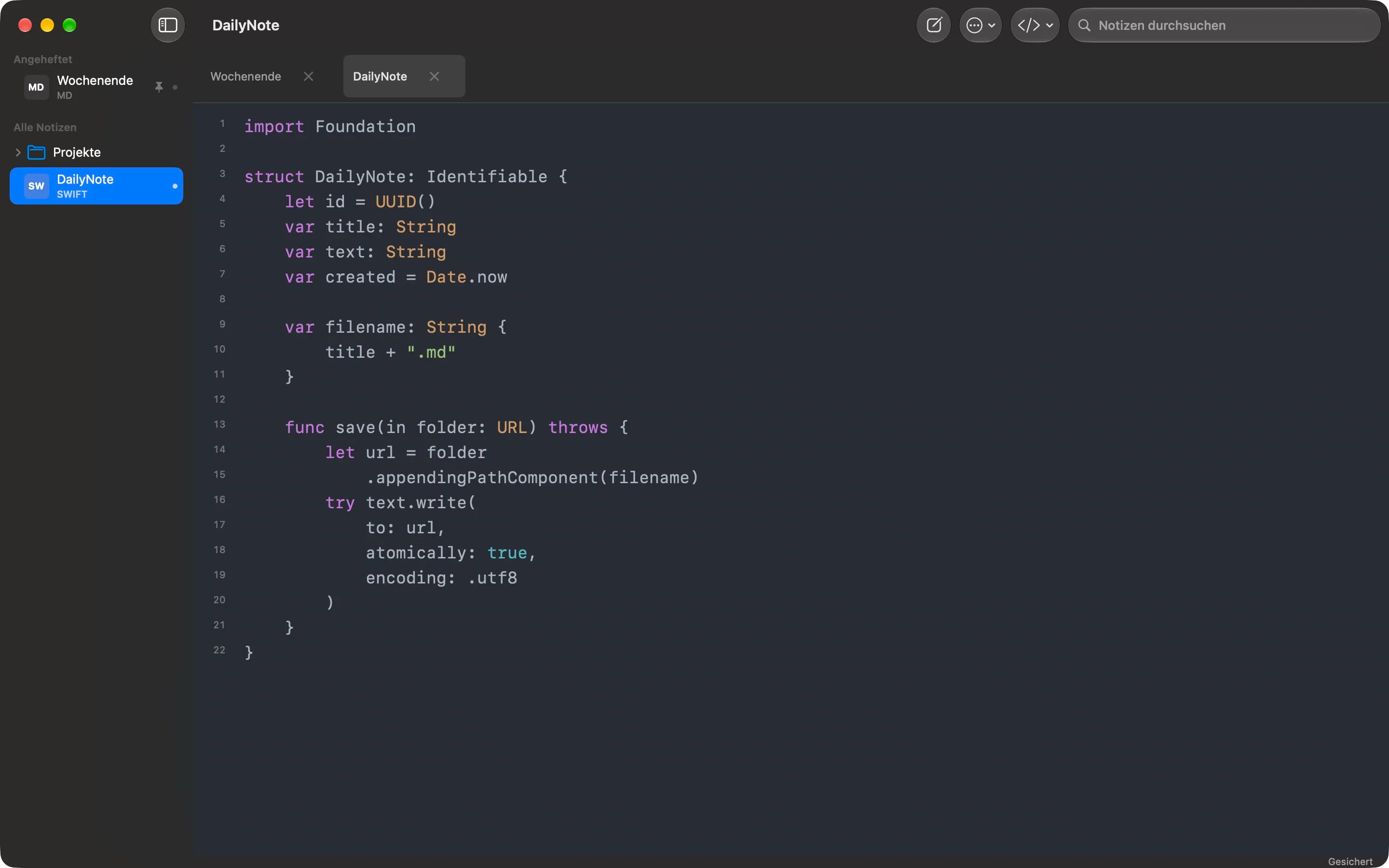 QuackNotes auf dem Mac mit einem Swift-Codeausschnitt mit Syntax-Highlighting, Zeilennummern, Tabs im Browser-Stil und der Ordner-Seitenleiste