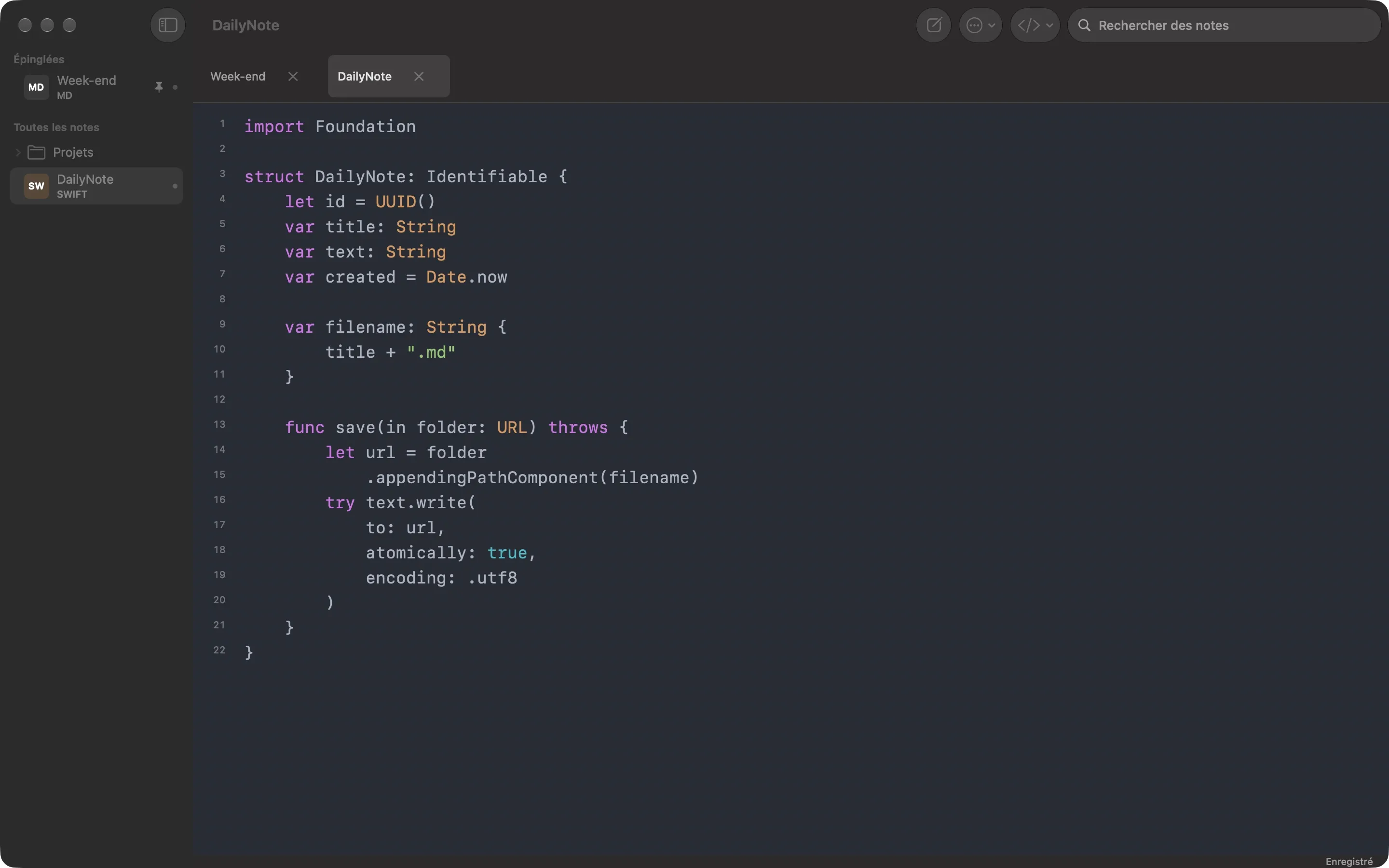 QuackNotes sur Mac affichant un extrait Swift avec coloration syntaxique, numéros de ligne, onglets façon navigateur et la barre latérale des dossiers