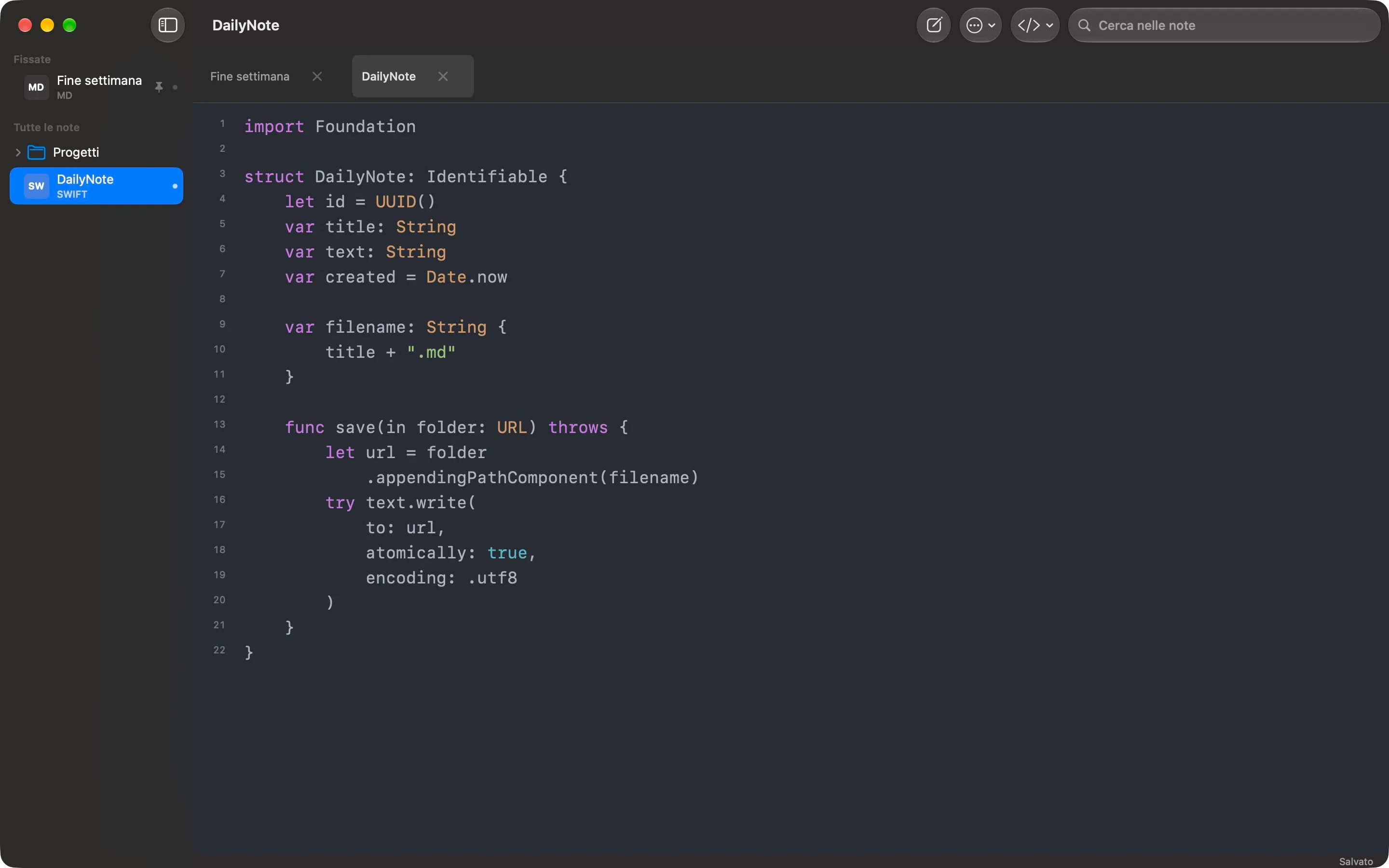 QuackNotes su Mac con un frammento Swift, numeri di riga, schede in stile browser e la barra laterale delle cartelle