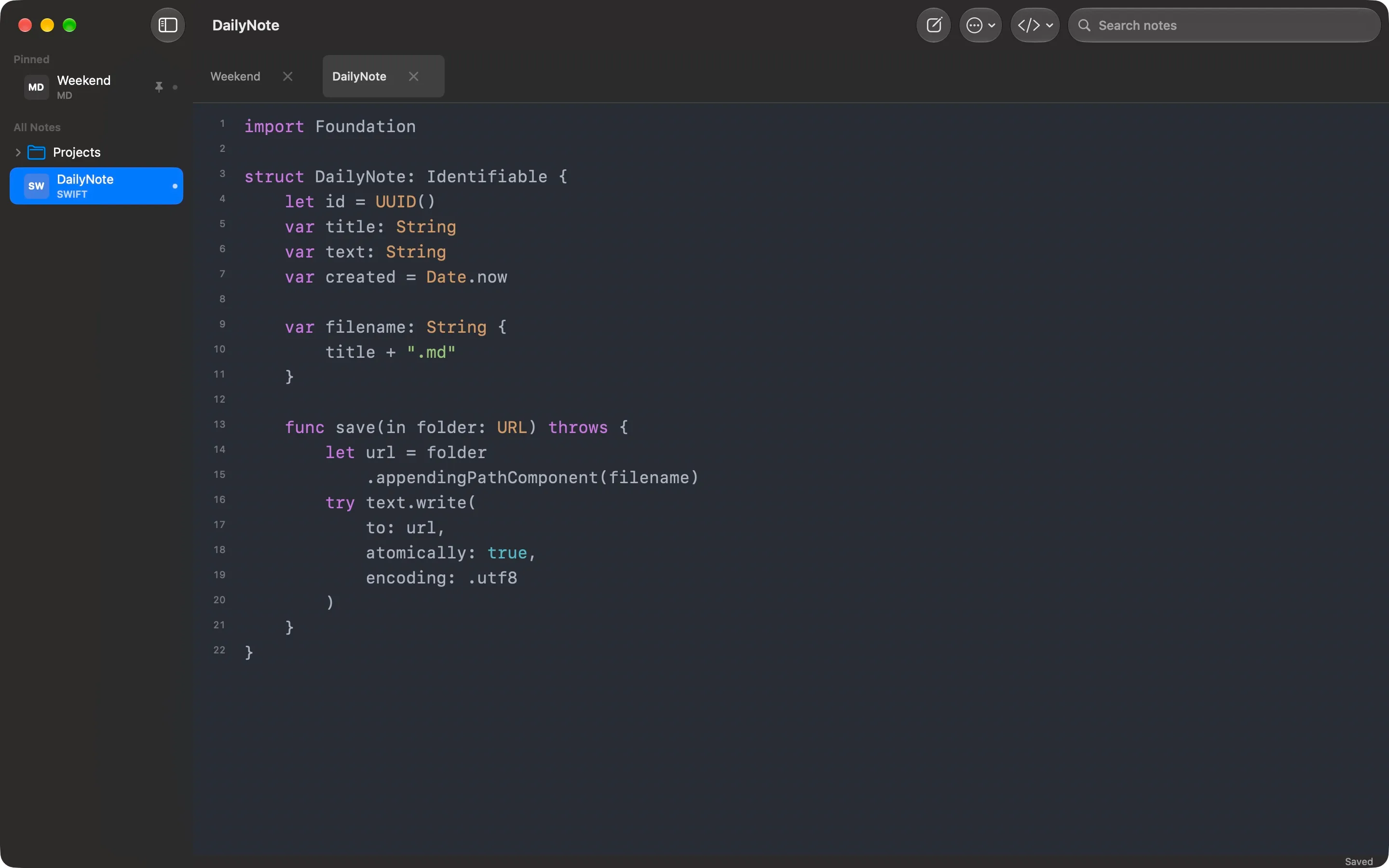 QuackNotes on Mac showing a Swift snippet with syntax highlighting, line numbers, browser-style tabs, and the folder sidebar