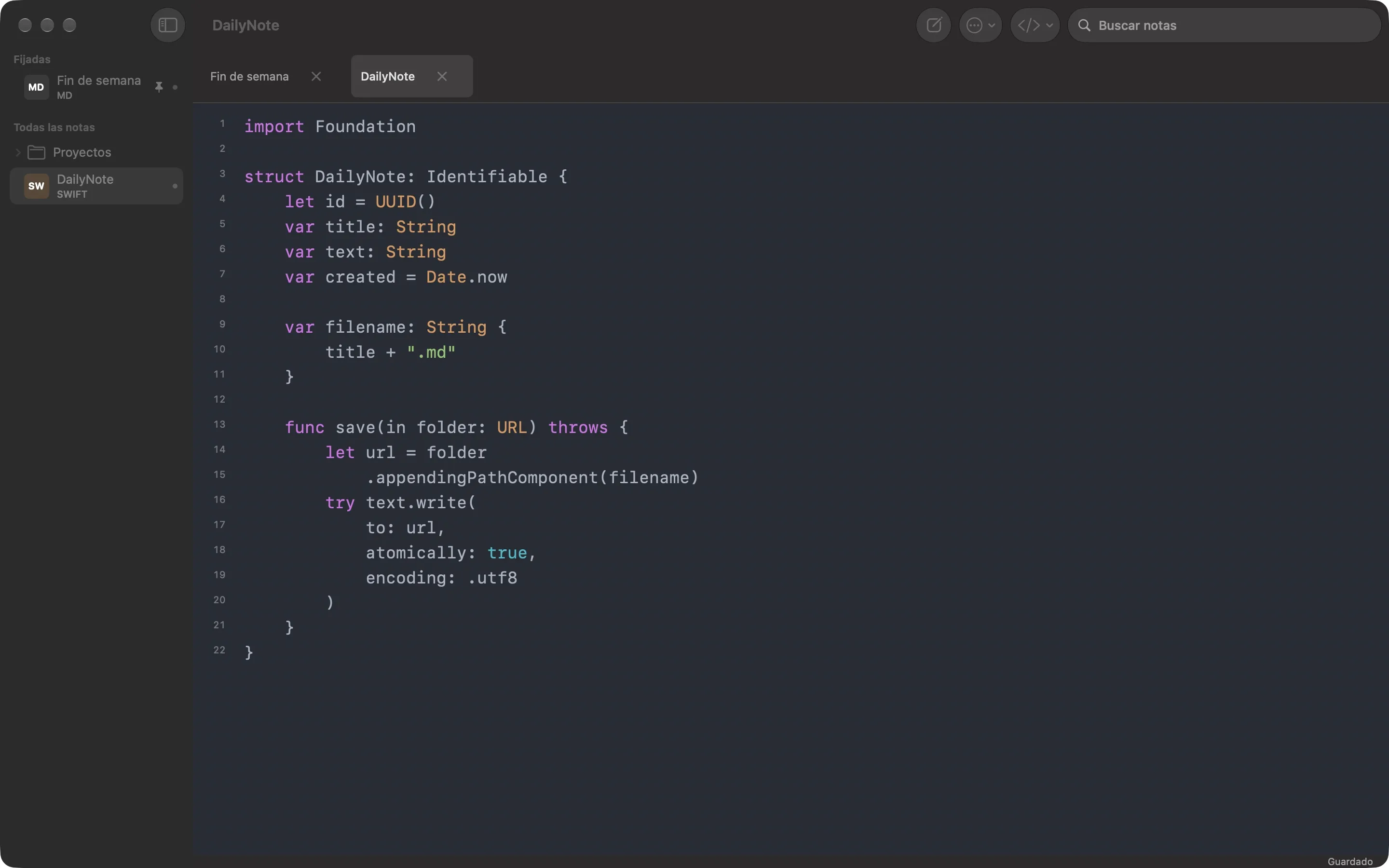 QuackNotes en Mac mostrando un fragmento de Swift con resaltado de sintaxis, números de línea, pestañas al estilo navegador y la barra lateral de carpetas