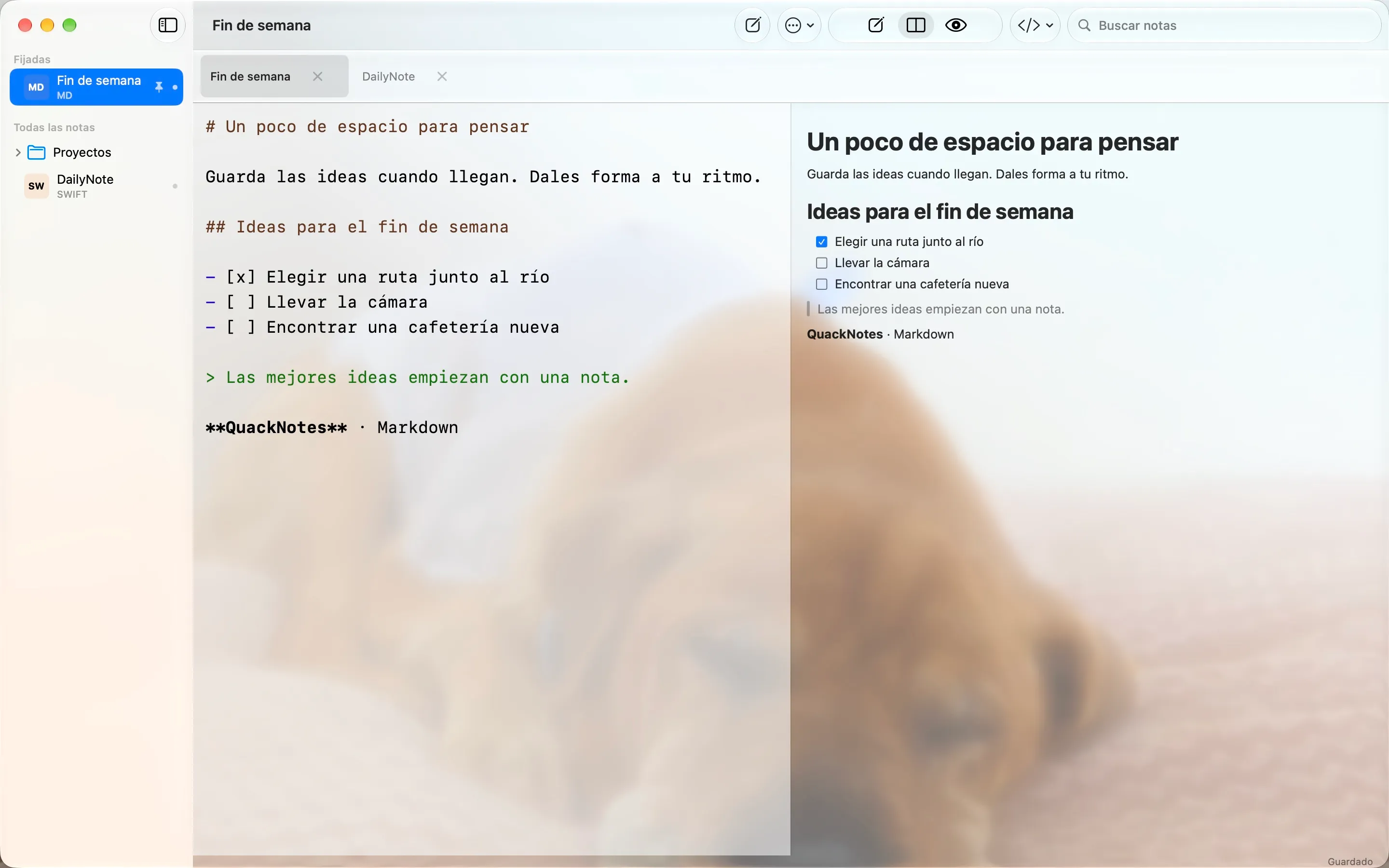 QuackNotes en Mac con una ventana translúcida estilo Liquid Glass sobre una foto