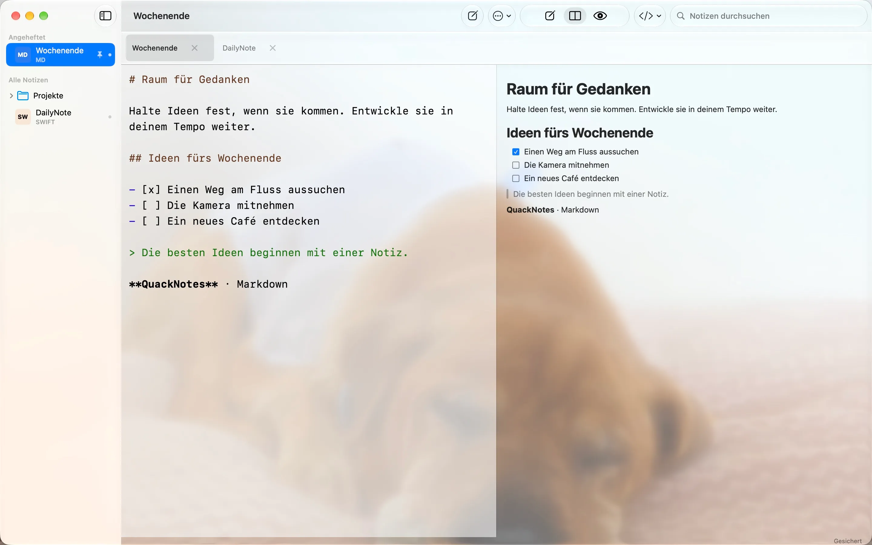 QuackNotes auf dem Mac mit einem durchscheinenden Liquid-Glass-Fenster über einem Foto